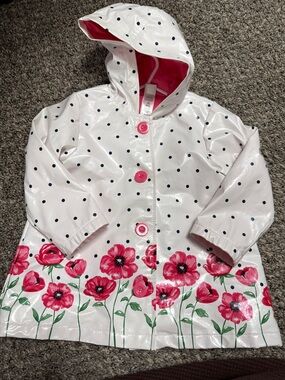 Girls White Polka Dot Raincoat with Pink Floral Hem